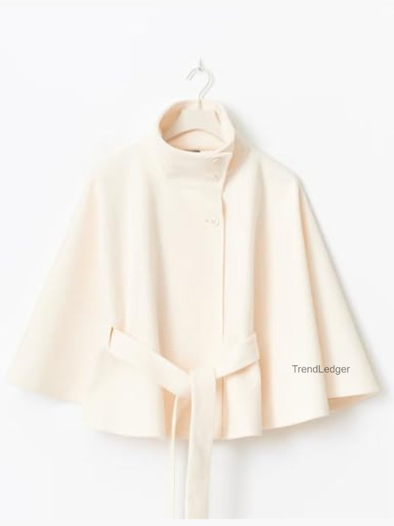 Vintage Batwing Cape Coat Oversized Wool Pea Jacket Belted Stand Collar Cropped — image 6 of 7